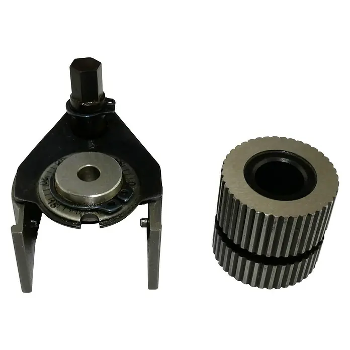 Rotwerk Schnellwechsel-Werkzeughalter A0 Multifix - 7 -tlg., Passend für: Rotwerk Drehmaschinen EDM 300 DS/350 DR/350 BL - Ein Werkzeug mit einem Griff und ein Zahnrad, beide für mechanische Anwendungen oder Reparaturen.