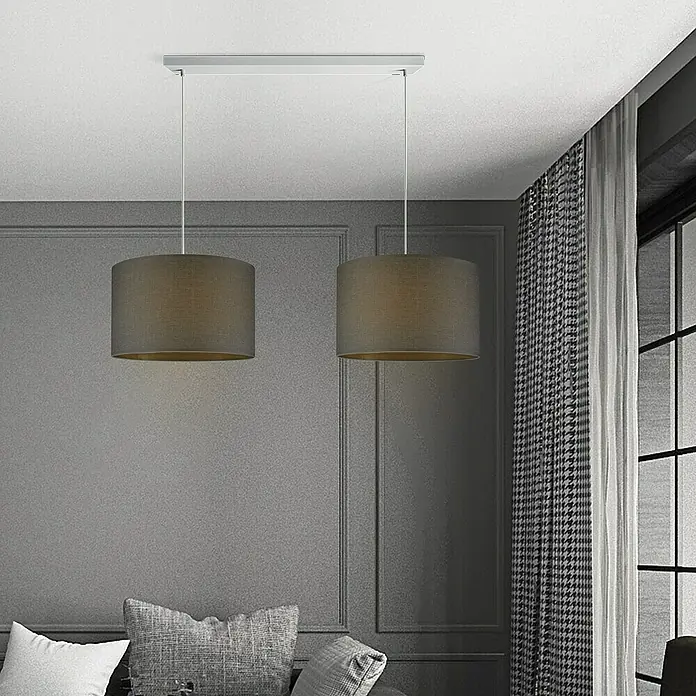 Home Sweet Home Lampenschirm Canvas - 35 cm, Sturmgrau, Baumwolle, Rund - Elegante Pendelleuchte mit zwei Lampenschirmen in Grau und goldenem Innenraum, hängt an einer silbernen Deckenhalterung.