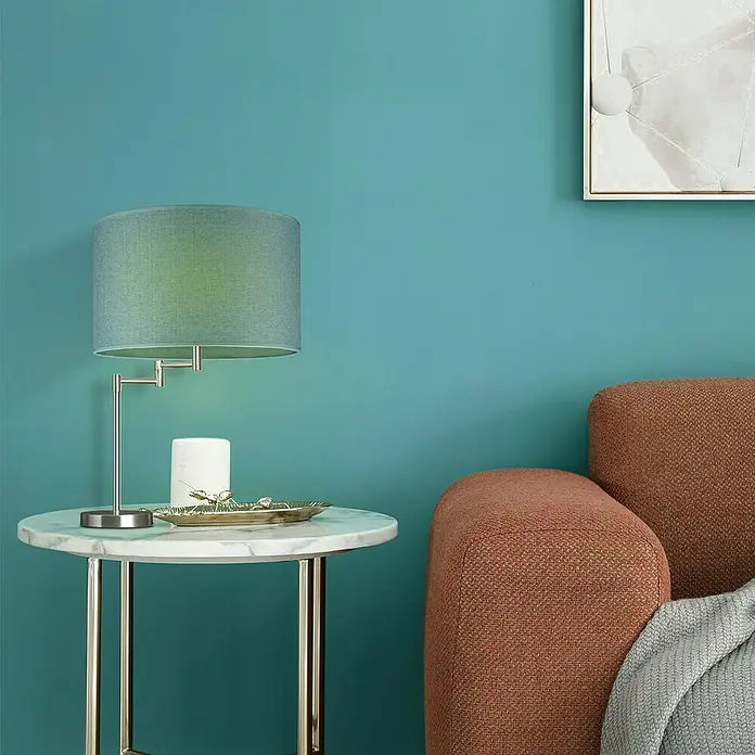 Home Sweet Home Lampenschirm Canvas - 35 cm, Petrol, Baumwolle, Rund - Elegante Tischleuchte mit Stoffschirm in einem modernen Wohnraum, die eine gemütliche Atmosphäre schafft und das Interieur stilvoll ergänzt.