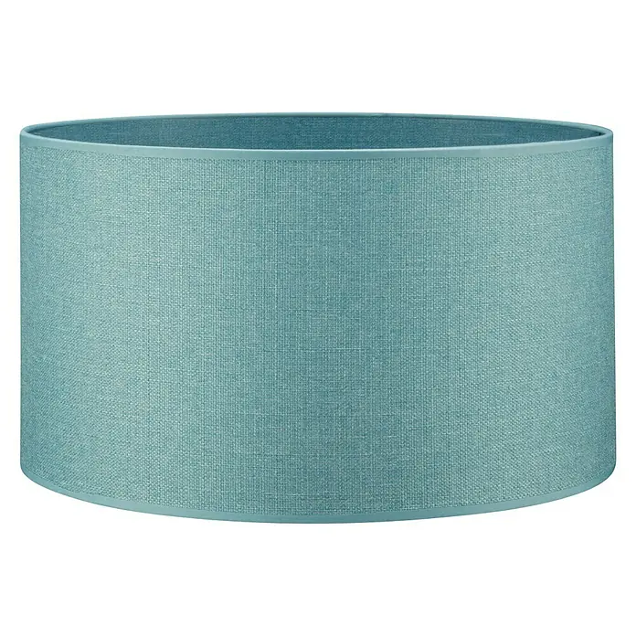 Home Sweet Home Lampenschirm Canvas - 40 cm, Petrol, Baumwolle, Rund - Nahaufnahme eines zylinderförmigen Lampenschirms aus blauem Stoff, der eine elegante Beleuchtungslösung für jeden Raum bietet.