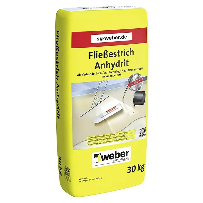 SG Weber Fließestrich Anhydrit - 30 kg, Schichtdicke: 30 mm - 60 mm - Abbildung eines 30 kg Sack Fließestrich Anhydrit von Weber Saint-Gobain, geeignet für Flächen bis 200 m², ideal für Fußbodenheizung.