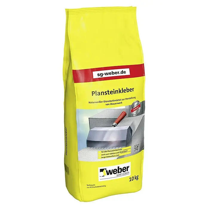 SG Weber Porenbeton- & Plansteinkleber - 10 kg - Eine gelbe Packung Plansteinkleber von Weber Saint-Gobain, ein Naturweißer Dünnbettmörtel zur Herstellung von Mauerwerk.