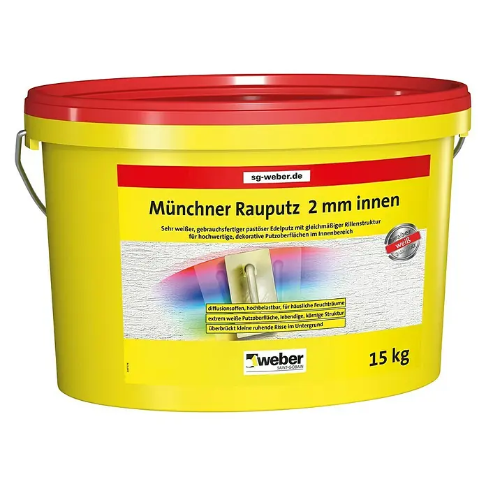 SG Weber Münchner-Rauhputz - Körnung: 2 mm, 15 kg, Innen - Produktbild von Münchner Rauputz 2 mm innen, ein weißer, gebrauchsfertiger Edelputz für dekorative Putzoberflächen im Innenbereich.
