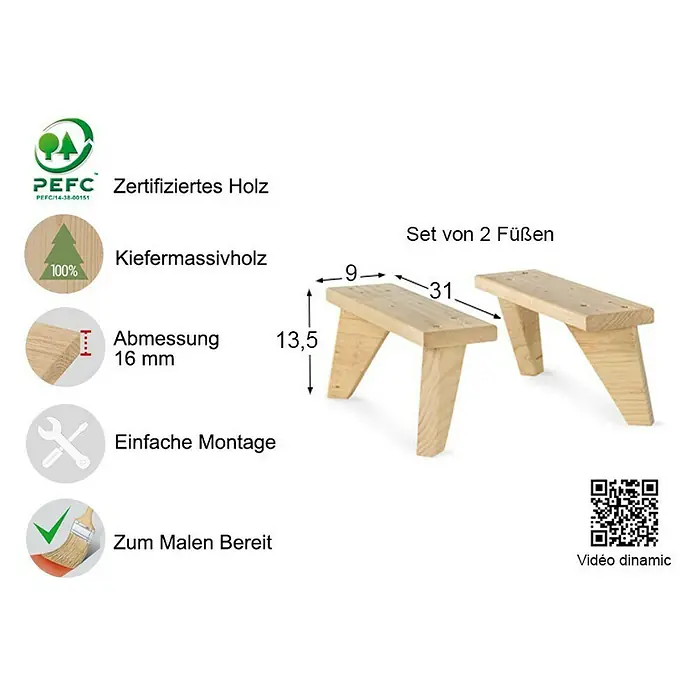 Astigarraga Dinamic Möbelfuß - L x B x H: 9 x 31 x 13,5 cm, Traglast: 150 kg, Holz - Bild von zwei kleinen Holzstufen mit den Maßen 9 x 31 x 13,5 cm, aus massivem Kiefernholz und bereit zum Bemalen.