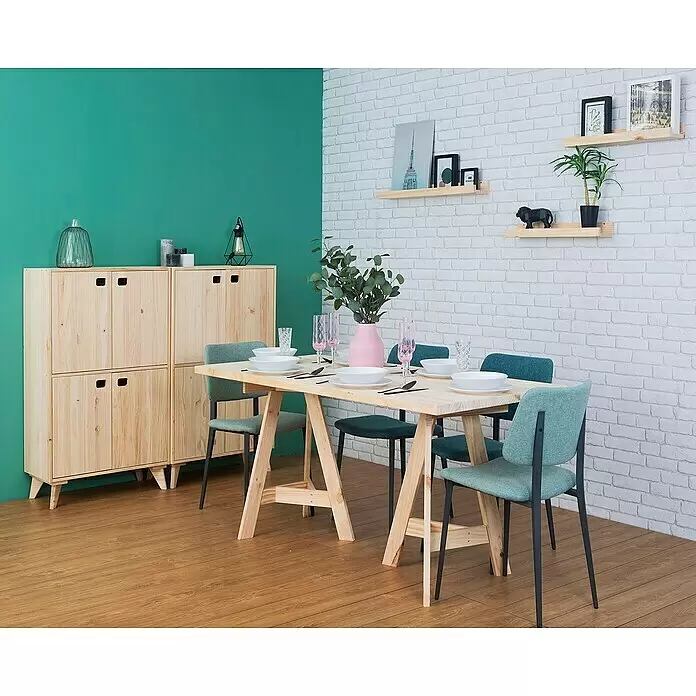 Astigarraga Dinamic Möbelfuß - L x B x H: 9 x 31 x 13,5 cm, Traglast: 150 kg, Holz - Ein Holzesstisch für vier Personen mit hellgrünen und dunkelgrünen Stühlen.