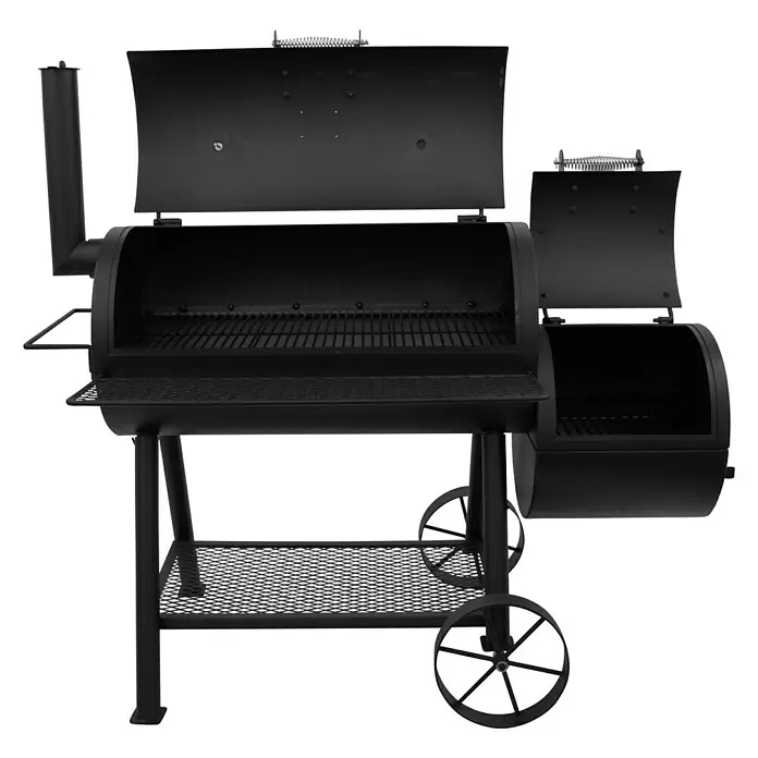 Char-Broil Smoker Oklahoma Joe - Grillfläche (B x T): 88 x 44 cm - Schwarzer BBQ-Smoker mit offenem Deckel, ideal für Grillliebhaber. Robuste Konstruktion und klassisches Design für perfekte Grillergebnisse.