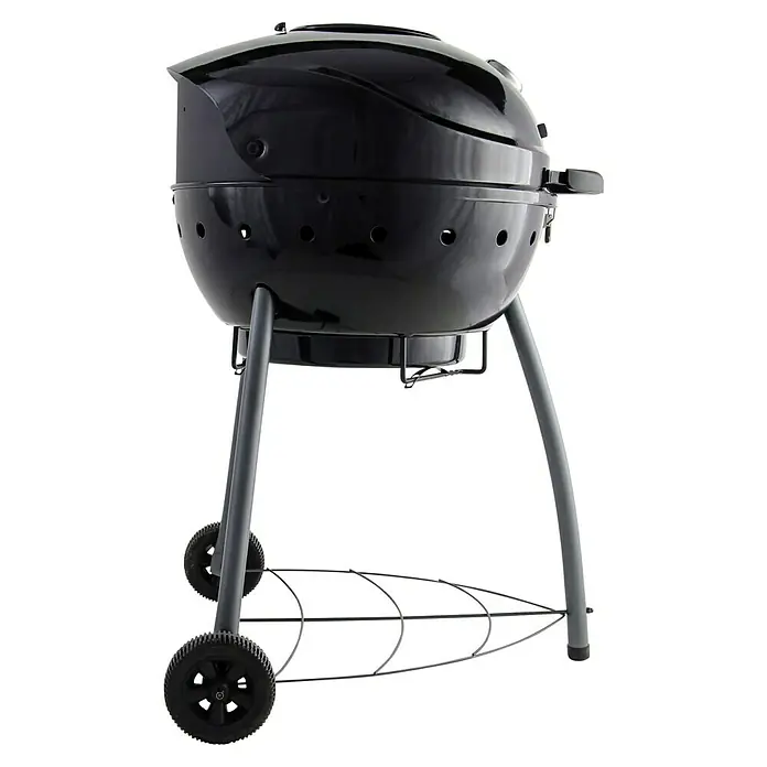 Char-Broil Kugelgrill Kettleman - Durchmesser Grillfläche: 52 cm, Schwarz - Abbildung eines tragbaren, schwarzen Kugelgrills mit Rädern und einem Ablageboden. Ideal zum Grillen im Freien.