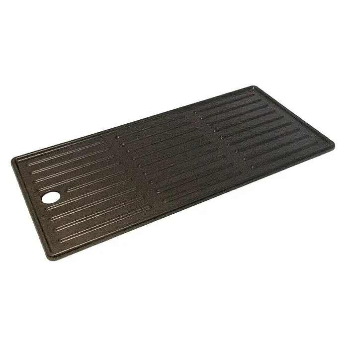 Char-Broil Grillplatte - Passend für: Char-Broil 3-Brenner Gasgrills, 43,5 x 20,8 cm - Bild einer rechteckigen, schwarzen Grillplatte mit Rillen und einem Loch, die sich ideal zum Grillen von Speisen eignet.