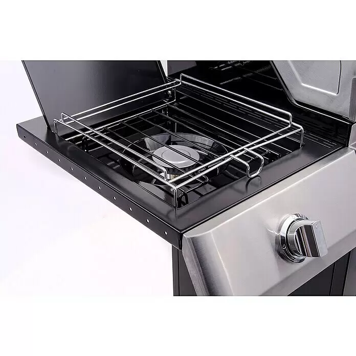 Char-Broil Grillplatte - L x B: 37 x 25,4 cm - Nahaufnahme eines schwarzen, emaillierten Gasgrill-Seitenbrenners mit verchromten Rosten und Edelstahl-Bedienknopf.