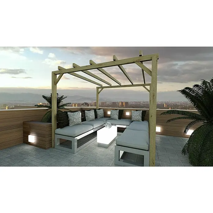 Pérgola estándar Eco - L x An x Al: 400 x 300 x 250 cm, Natural - Elegante terraza en la azotea con pérgola, muebles de salón e iluminación elegante, que invita a la relajación y ofrece vistas panorámicas.