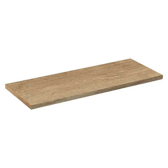 Artysan Encimera para lavabo Top - L x An x Al: 40 x 101 x 3 cm, Nature - Una única estantería de madera con grano sobre un fondo negro. La estantería tiene un color de madera natural y claro.