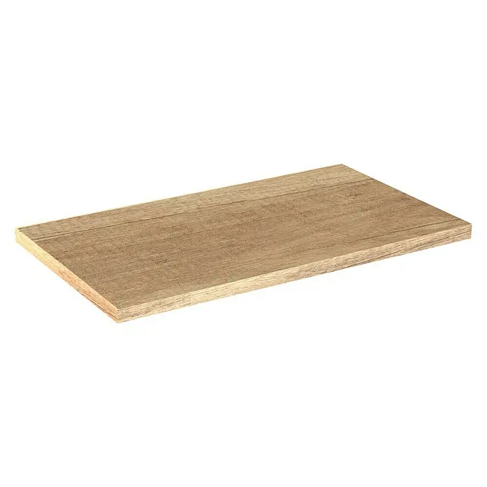 Artysan Encimera para lavabo Top - L x An x Al: 46 x 81 x 3 cm, Nature - Una sola estantería rectangular de madera marrón claro, presentada sobre un fondo negro, con una textura de grano de madera visible.