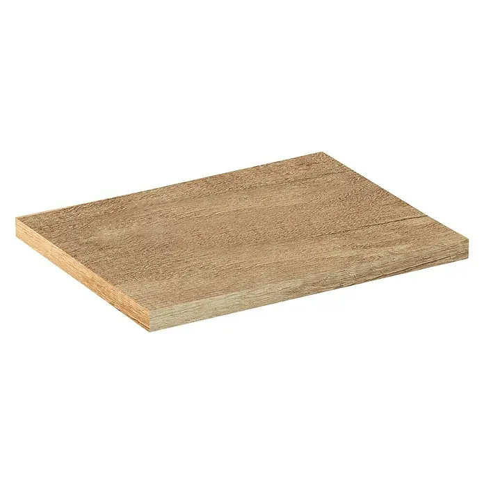 Artysan Encimera para lavabo Top - L x An x Al: 40 x 51 x 3 cm, Nature - Primer plano de un solo panel de estante de madera con un hermoso patrón de vetas de madera sobre un fondo negro.