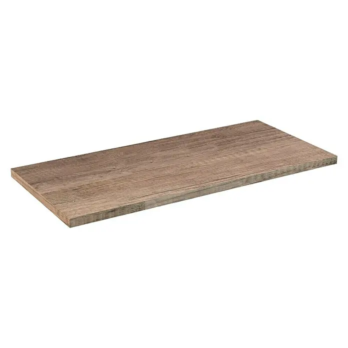 Artysan Encimera para lavabo Top - L x An x Al: 46 x 101 x 3 cm, Nebraska - Esta imagen muestra una sola tabla de estante de madera, con una veta detallada y una paleta de colores cálidos, sobre un fondo negro.