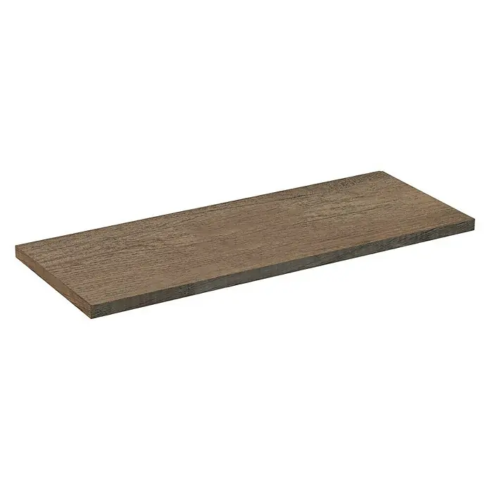 Artysan Encimera para lavabo Top - L x An x Al: 40 x 101 x 3 cm, Nebraska - Primer plano de una sola tabla de terraza marrón con veta de madera visible sobre un fondo negro.