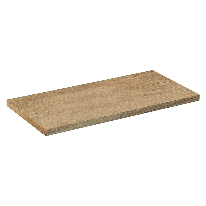 Artysan Encimera para lavabo Top - L x An x Al: 40 x 81 x 3 cm, Nature - Primer plano de un tablero de estante de madera con tonos cálidos y vetas de madera marcadas sobre un fondo negro neutro.