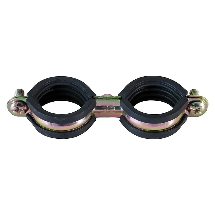Set abrazaderas isofónicas dobles - Diámetro: 15 mm, 5 ud. - Abrazadera doble para tubos con inserción de goma y cierre de tornillo para la fijación segura de dos tubos uno al lado del otro.