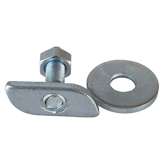 Tornillo para perfil perforado (38/40) - M 8 - Primer plano de una tuerca en T con perno y arandela. Un elemento de fijación para diversas aplicaciones.