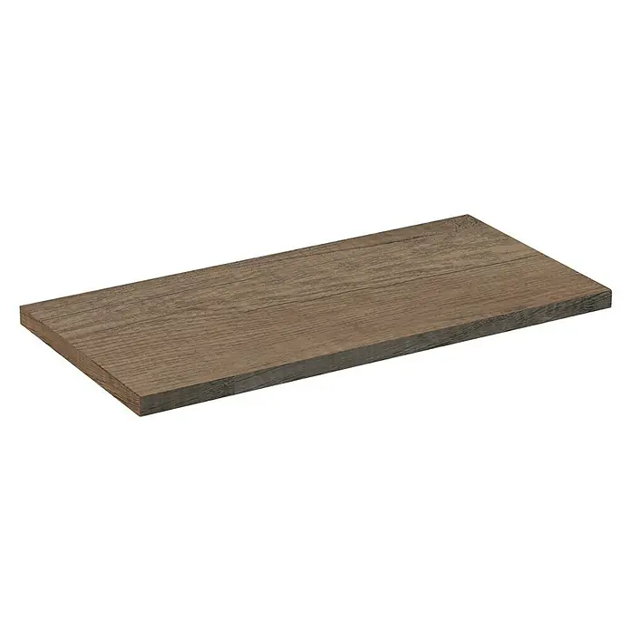 Artysan Encimera para lavabo Top - L x An x Al: 40 x 81 x 3 cm, Nebraska - Estante de madera marrón oscuro sobre un fondo negro. El estante tiene una fina veta de madera y una forma rectangular.