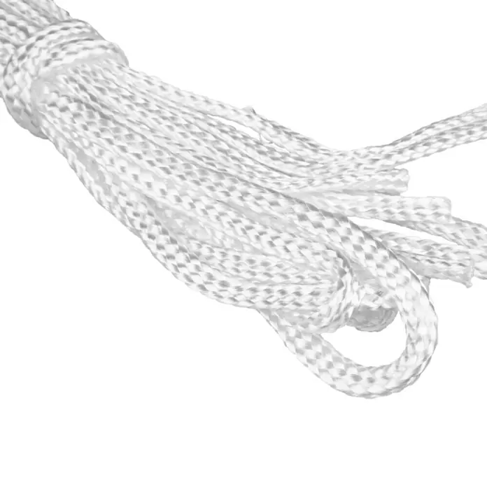 Windhager Sonnensegel Elba - L x B: 3,6 x 3,6 m, Ivory, Dreieckig - Nahaufnahme von weißem, geflochtenem Seil, das in einem Bündel zusammengebunden ist und dessen Enden sich auffächern.