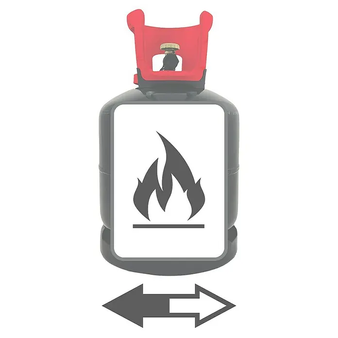 Hoyer Propangas-Füllung Grillgas - Passend für: Hoyer Gas-Pfandflaschen, 8,2 kg - Bild eines Gasbehälters mit einem Flammensymbol und Pfeilen, die die Richtung anzeigen, um die Handhabung zu veranschaulichen.