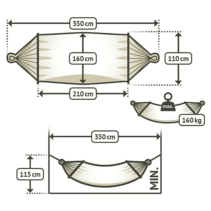 La Siesta Stabhängematte Alisio - L x B: 350 x 160 cm, Toucan, Double - Skizze einer Hängematte mit Maßangaben zu Länge, Breite und Höhe, sowie Informationen zur maximalen Belastbarkeit.
