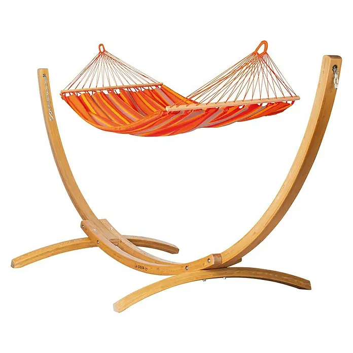 La Siesta Stabhängematte Alisio - L x B: 350 x 160 cm, Toucan, Double - Hängemattenset mit orangefarbener Hängematte und Holzgestell für den Garten oder die Terrasse. Entspannung pur!