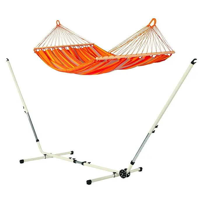 La Siesta Stabhängematte Alisio - L x B: 350 x 160 cm, Toucan, Double - Das Bild zeigt eine farbenfrohe Hängematte mit einem robusten, weißen Gestell. Ideal für entspannte Stunden im Garten oder auf der Terrasse.