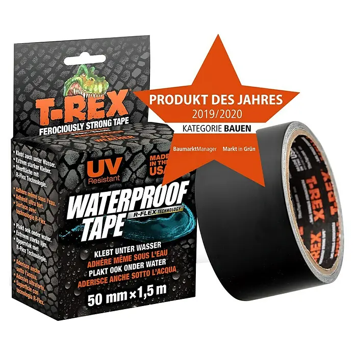 T-Rex Reparaturband Waterproof Tape - Schwarz, 1,5 m x 50 mm - Aufnahme des T-Rex Ferociously Strong Tapes, ein wasserfestes Klebeband, das stark und UV-beständig ist und sich ideal für verschiedene Anwendungen eignet.