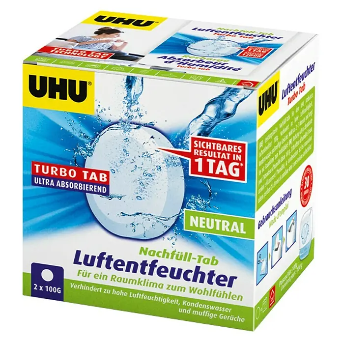 UHU Luftentfeuchter-Tabs - Neutral, 2 Stk. x 100 g - Bild eines UHU Luftentfeuchter Nachfüll-Tabs, der Feuchtigkeit reduziert und für ein angenehmes Raumklima sorgt.