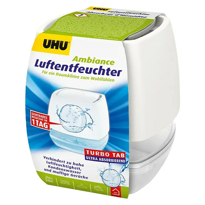 UHU Luftentfeuchter Ambiance - Weiß, 100 g - Produktbild eines UHU Ambiance Luftentfeuchters, der für ein angenehmes Raumklima sorgt und Feuchtigkeit reduziert.