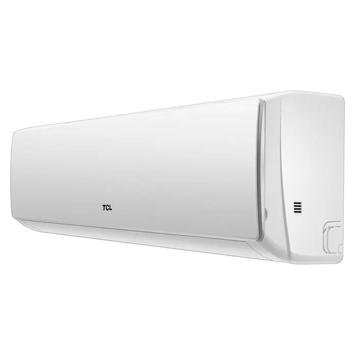 TCL Aire acondicionado Inverter Elite 9K - 2.600 W, 2.600 W, 16 m², Blanco - Una imagen cercana de un aire acondicionado TCL blanco sobre un fondo negro. El logotipo de TCL es visible en el lado izquierdo.