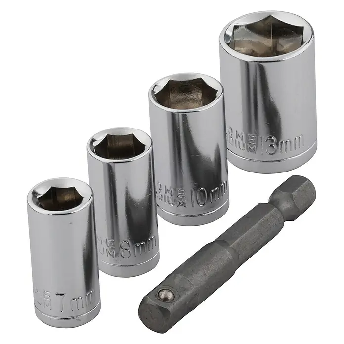 Wolfcraft Steckschlüssel-Set - 5 -tlg., Antriebsgröße: ¼″ Sechskant - Satz von Chrom-Vanadium-Steckschlüsseln in verschiedenen Größen, zusammen mit einem Adapter für Schraubendreher-Bits.