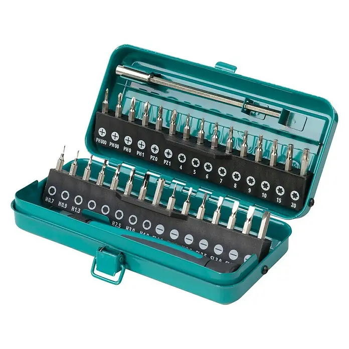 Wolfcraft Micro-Bit-Set - 32 -tlg., Geeignet für: Arbeiten an schwer zugänglichen Stellen - Das Bild zeigt ein grünes Werkzeugset mit verschiedenen Schraubendreher-Bits unterschiedlicher Größe und Form, ordentlich in einem robusten Koffer angeordnet.