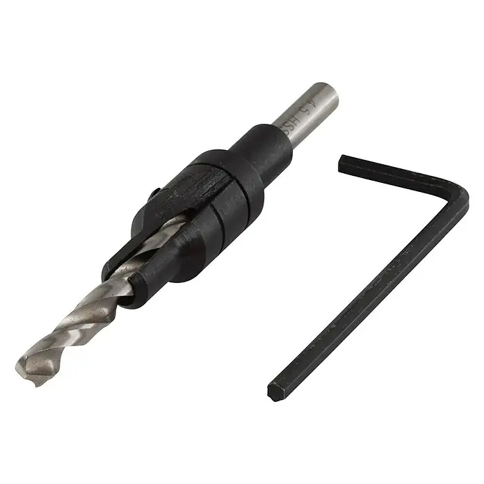 Wolfcraft Broca para madera con avellanador 4,5 - 11 mm - 1 ud., Diámetro de la broca: 150 mm - La imagen muestra una broca de avellanar con una llave Allen utilizada para ajustar o reemplazar la broca.