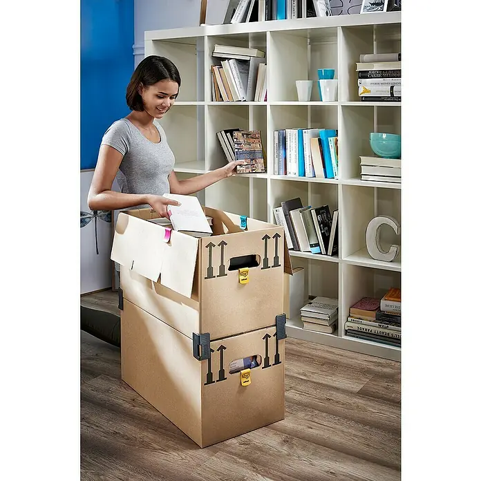Wolfcraft Clips de plástico para mudanzas - 30 ud., Apto para: Cajas de mudanza - Mujer empacando libros en cajas de almacenamiento a prueba de roturas con asas. Ideal para mudanzas y almacenamiento seguro.