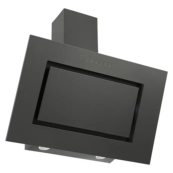 Respekta Schräghaube Nele - Breite: 90 cm, Max. Gebläseleistung Abluftbetrieb: 502,6 m³/h, Blacksteel - Ein schwarzer Dunstabzugshaube mit Bedienfeld oben und eingebauten Lichtern unten für eine moderne Küchenausstattung.