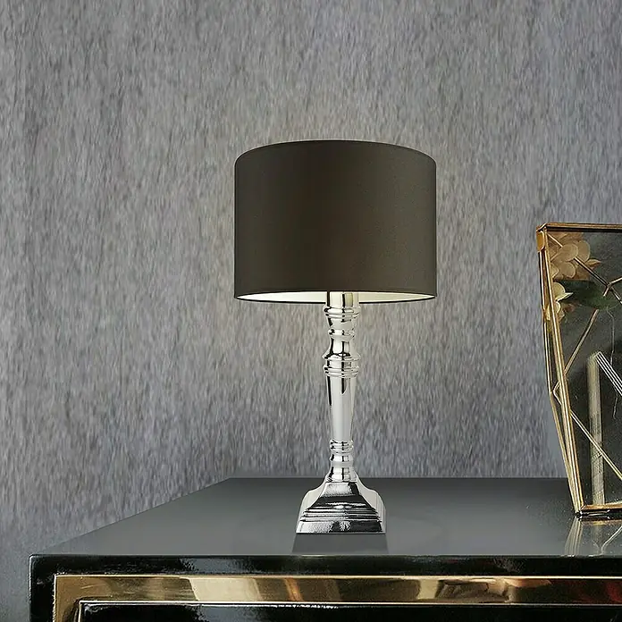 Home Sweet Home Lampenfuß Baroc - 60 W, Farbe: Chrom, Höhe: 28,5 cm - Elegante silberne Tischlampe mit schwarzem Lampenschirm. Das perfekte Accessoire für eine stilvolle Inneneinrichtung.