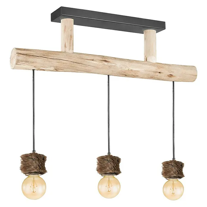 Home Sweet Home Pendelleuchte Furdy - Höhe: 131 cm - Rustikale Pendelleuchte mit Holzbalken und drei Lampen mit Fellbesatz für ein gemütliches Ambiente.