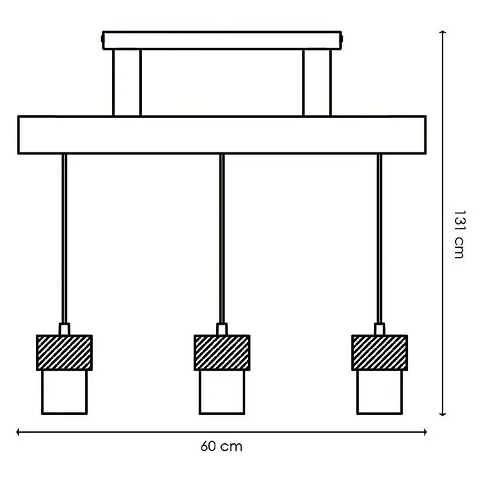 Home Sweet Home Pendelleuchte Furdy - Höhe: 131 cm - Skizze einer modernen Hängeleuchte mit drei Lampen und den Maßen 131 cm Höhe und 60 cm Breite.