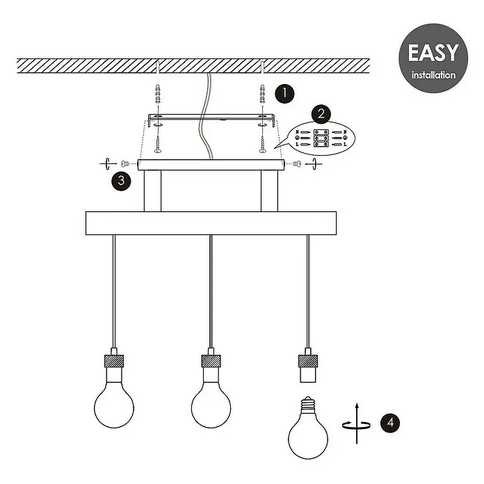 Home Sweet Home Pendelleuchte Furdy - Höhe: 131 cm - Eine Montageanleitung für eine Pendelleuchte mit drei Leuchtmitteln und einer "EASY Installation"-Anzeige.