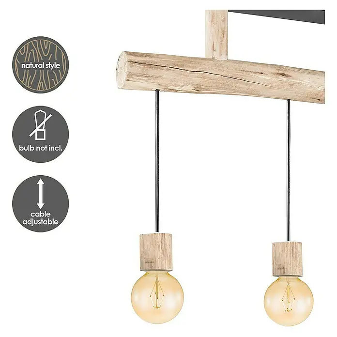 Home Sweet Home Pendelleuchte Billy - Höhe: 127 cm - Hängelampe mit zwei Glühbirnen und Holzdetails, ideal für eine natürliche Beleuchtung. Das Kabel der Leuchte ist zudem verstellbar.