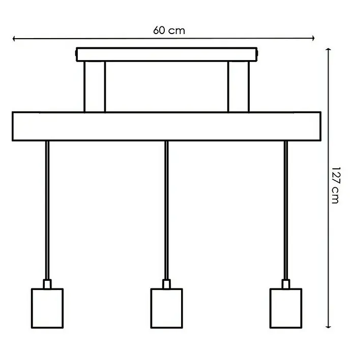 Home Sweet Home Pendelleuchte Billy - Höhe: 127 cm - Detailaufnahme einer Pendelleuchte mit drei Leuchten, die von einer rechteckigen Deckenhalterung hängen. Die Maße sind 60 cm Breite und 127 cm Höhe.