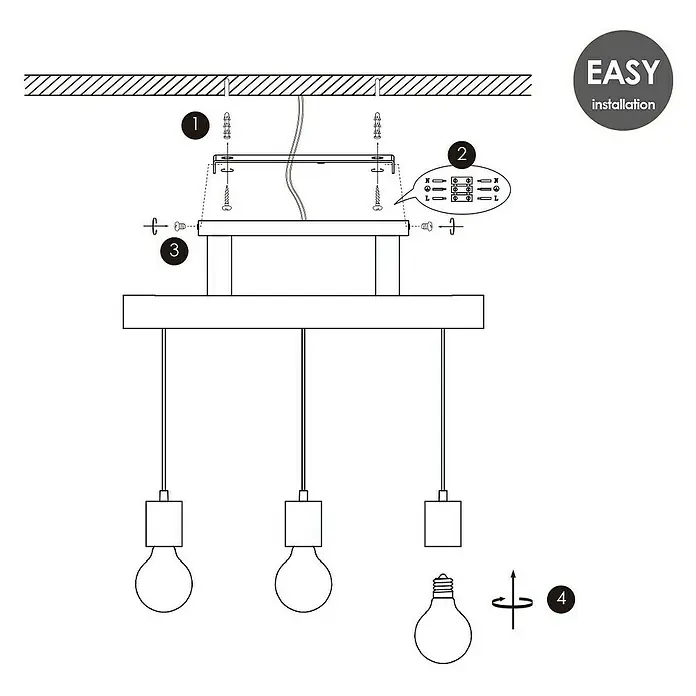Home Sweet Home Pendelleuchte Billy - Höhe: 127 cm - Diagramm einer Hängelampe mit drei Leuchten, das die Schritte zur einfachen Installation zeigt, inklusive Deckenbefestigung und Glühbirnenmontage.
