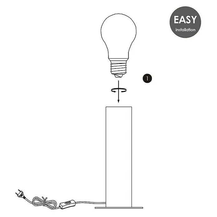 Home Sweet Home Tischleuchte Billy - 10 W, Beige, Schwarz, E27, 120 mm x 25,5 cm - Illustration einer Stehlampe, bei der eine Glühbirne eingeschraubt wird, mit dem Hinweis "Einfache Installation".