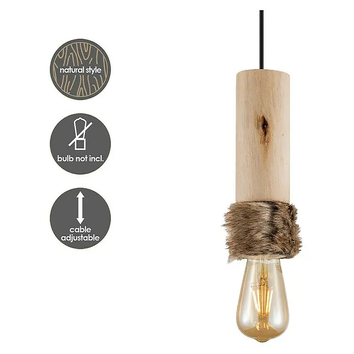 Home Sweet Home Pendelleuchte Furdy - Höhe: 130 cm - Moderne Hängelampe mit Holzelementen und dekorativem Fellimitat, die ein warmes Lichtambiente schafft.