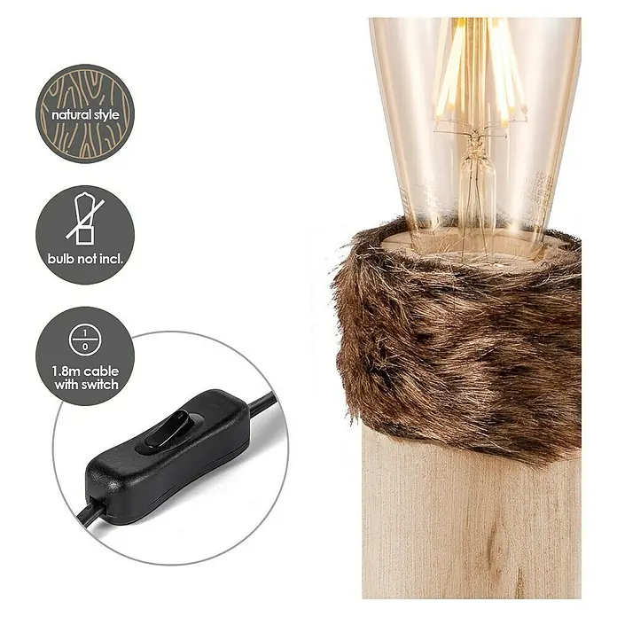 Home Sweet Home Tischleuchte Furdy - 10 W, Beige, E27, 100 mm x 11,5 cm - Nahaufnahme einer rustikalen Holztischlampe mit Schalter am Kabel, die eine natürliche Atmosphäre verspricht.