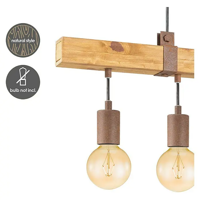 Home Sweet Home Pendelleuchte Denton - Höhe: 70 cm - Hängelampe mit Holzbalken und zwei Glühbirnen.
