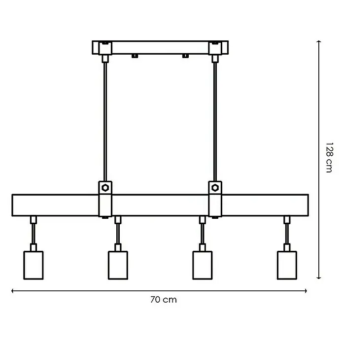 Home Sweet Home Pendelleuchte Denton - Höhe: 70 cm - Zeichnung einer modernen Hängelampe mit vier Leuchten und den Maßen 128 cm Höhe und 70 cm Breite.