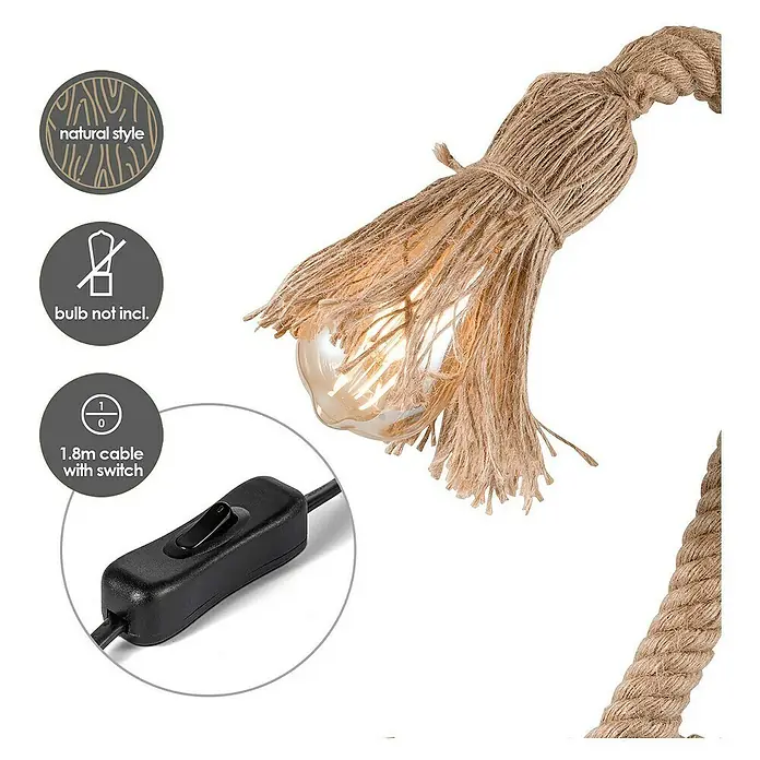 Home Sweet Home Tischleuchte Pier - 10 W, Beige, E27 - Eine Nahaufnahme einer Seil-Lampe mit einer klaren Glühbirne und einem schwarzen Schalter an einem Kabel.